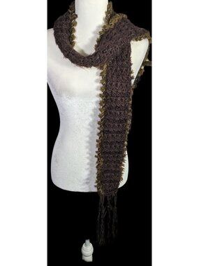 Sporty O'Neill Brown Knit Scarf With Fringe & Faux Fur Trim